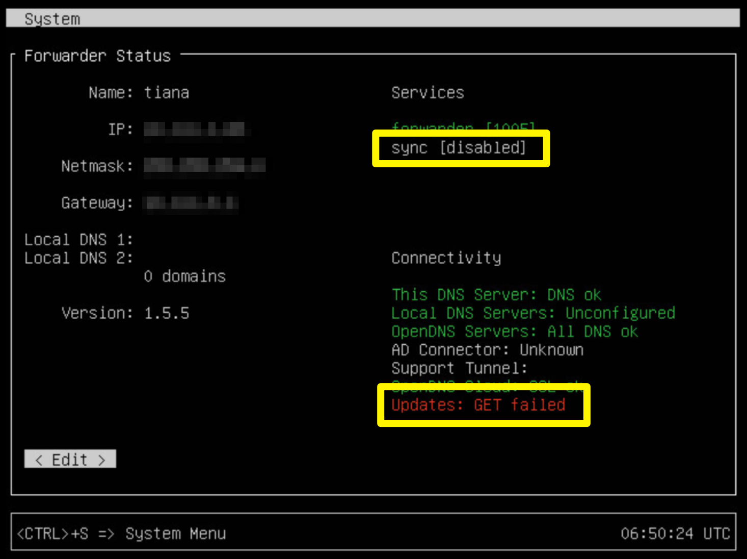 Virtual appliance's console shows the sync process is disabled and that the Updates test has failed.