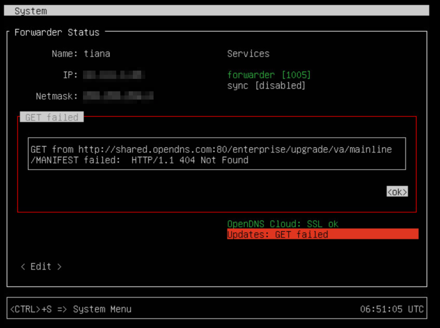 Error reading: GET failed: GET from http://shared.opendns.com:80/enterprise/upgrade/va/mainline/MANIFEST failed: HTTP/1.1 404 Not Found