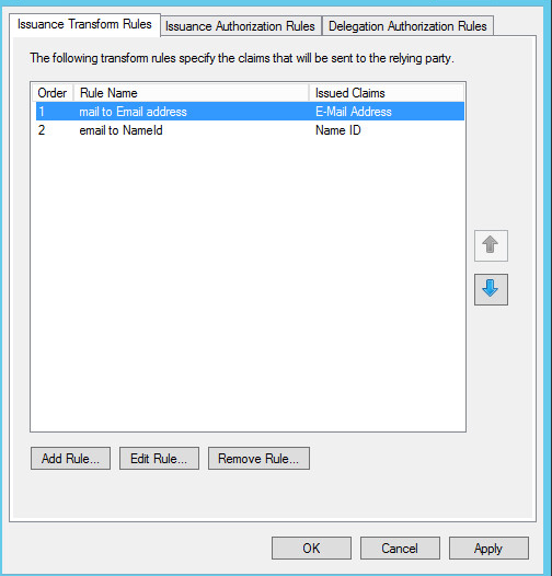 Claims rules configured with mail to Email address rule listed first.